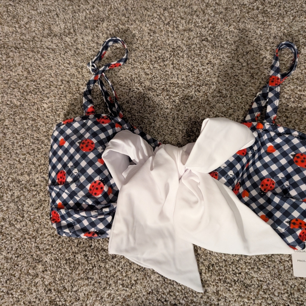 Checkered Bikini Top with Ladybug Print and Bow, Unique Vintage, Size M